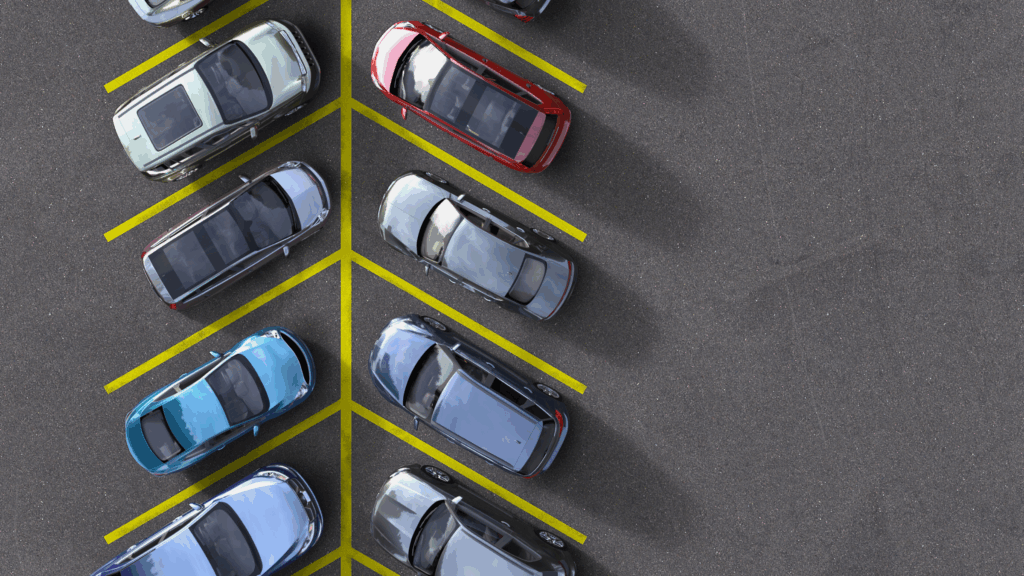 Parking spaces and vehicles viewed from above