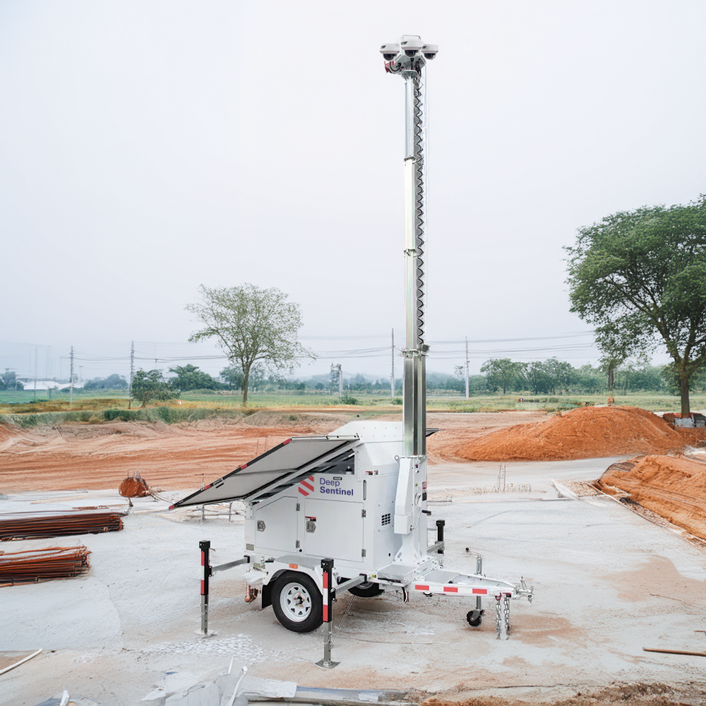 Deep Sentinel mobile security trailer with solar panels and an elevated camera mast